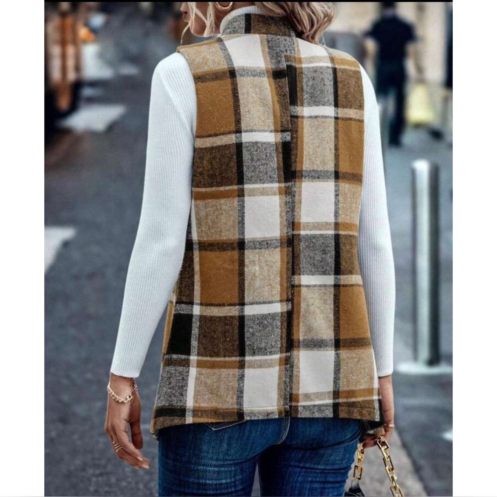 SHEIN Plaid Open Front Cardigan - Black, White, Brown - Picture 5 of 5
